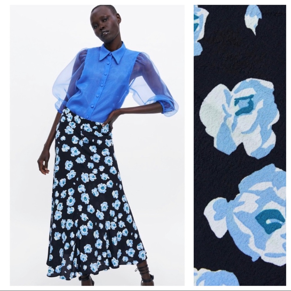 Zara Viscose Floral Print Midi Skirt. Size M.